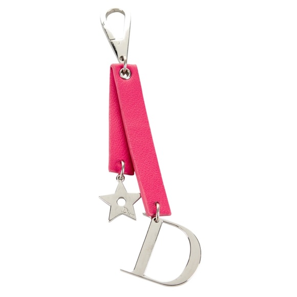 DIOR D Charm & Star Key Ring Holder Chain Silver & Pink Leather NEW - Picture 1 of 5